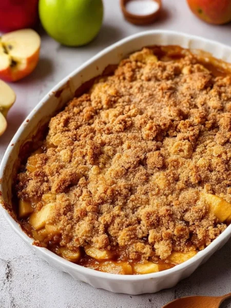 Delicious baked apple crumble dessert with a golden, crunchy topping.