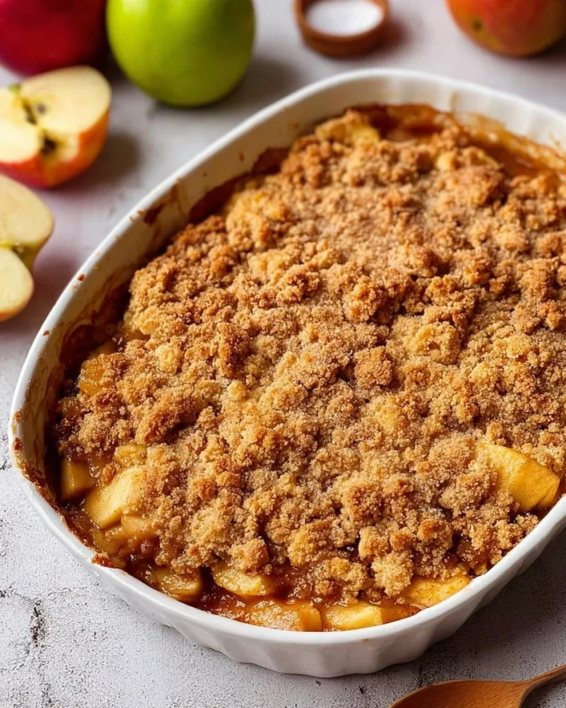 Delicious baked apple crumble dessert with a golden, crunchy topping.