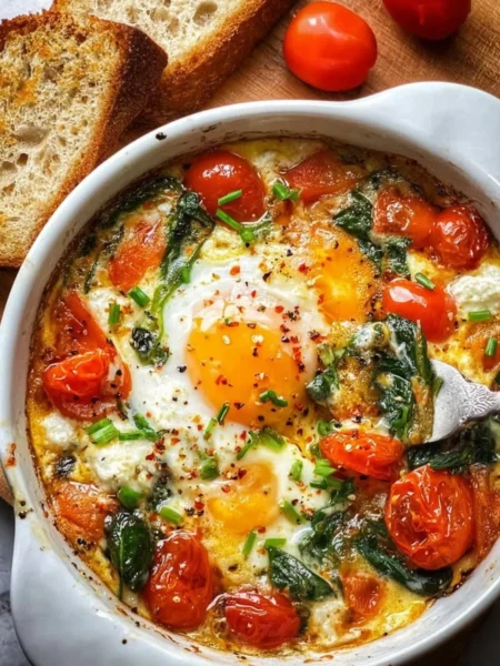 Baked Feta Eggs with Tomatoes and Spinach served in a dish