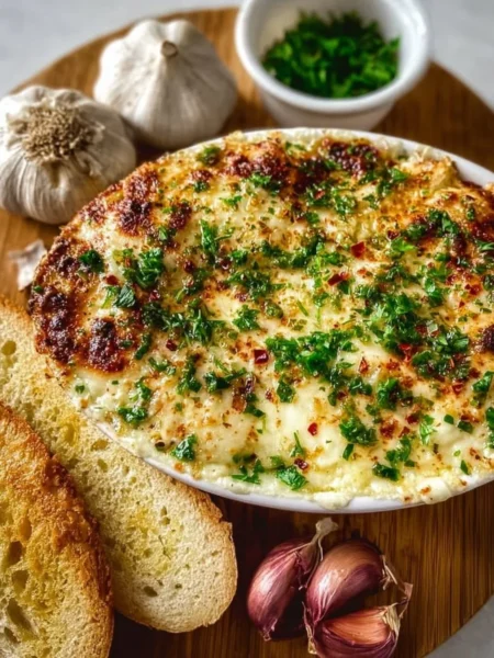 Delicious baked garlic bread dip served in a festive dish for parties