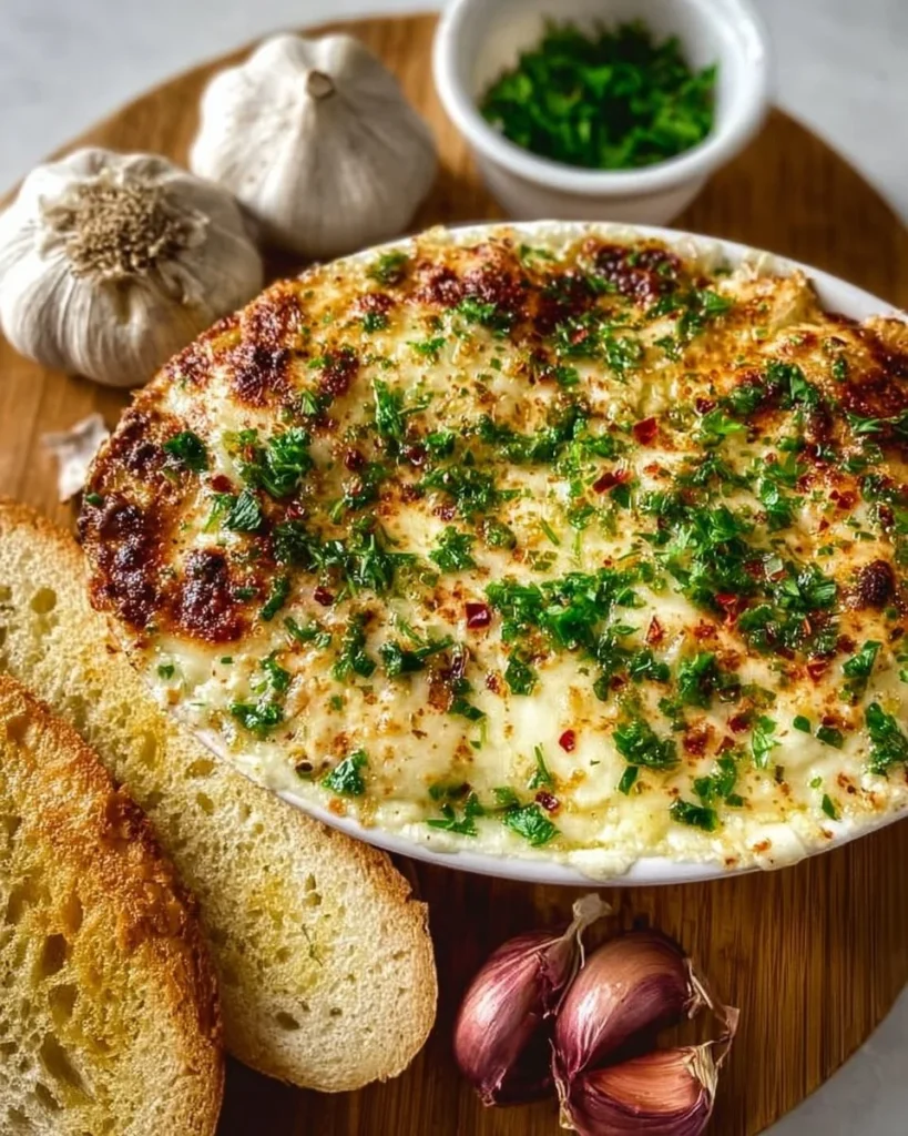 Delicious baked garlic bread dip served in a festive dish for parties
