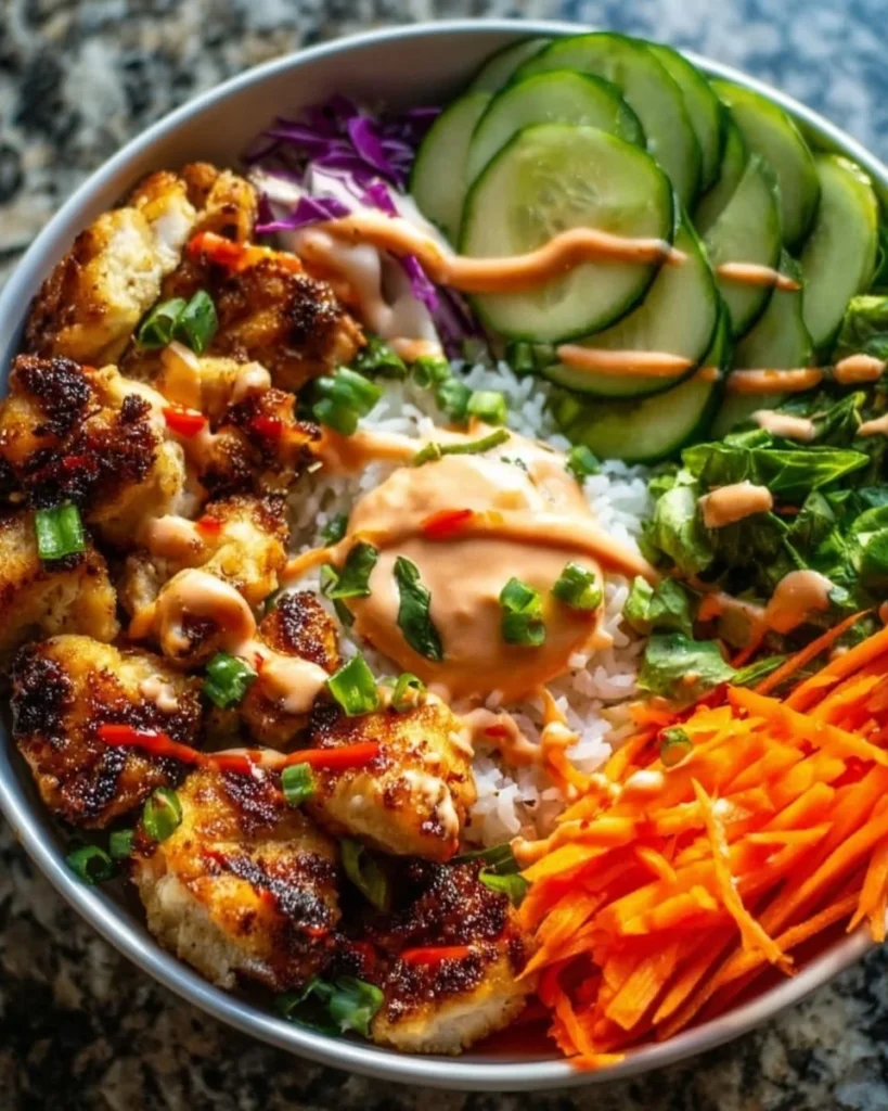 Delicious Bang Bang Chicken Bowl with vibrant ingredients and spicy flavor