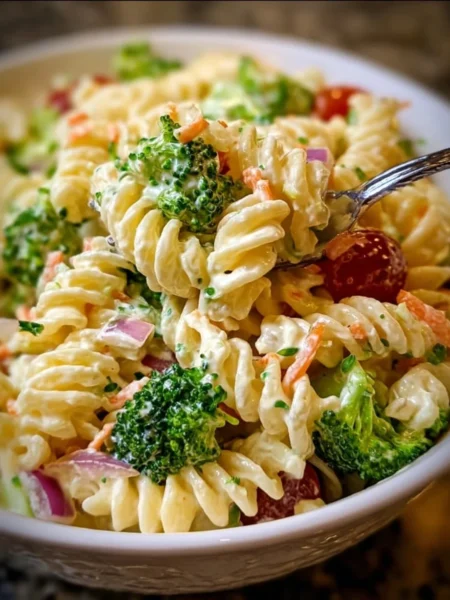 Delicious broccoli pasta salad with fresh ingredients and vibrant colors