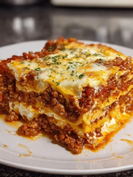 Delicious homemade lasagna with layers of pasta, cheese, and sauce.