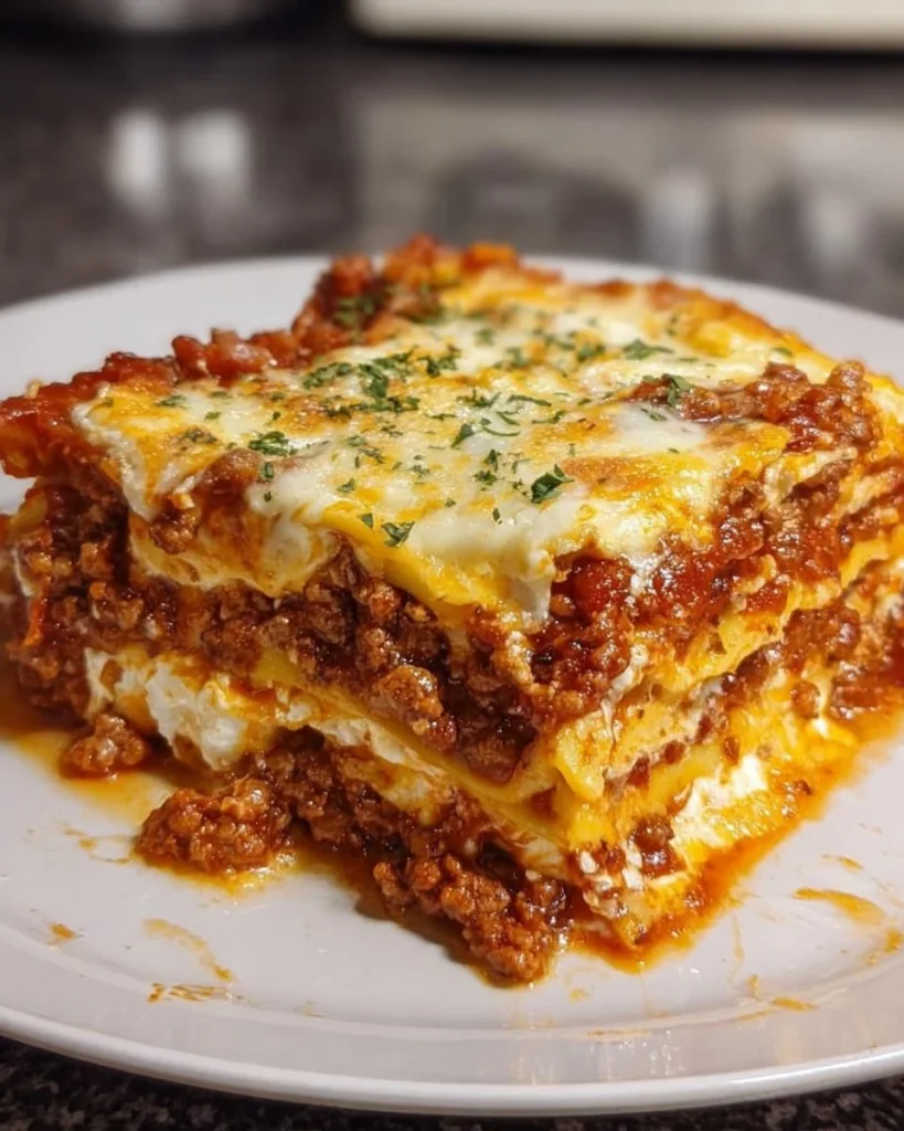 Delicious homemade lasagna with layers of pasta, cheese, and sauce.