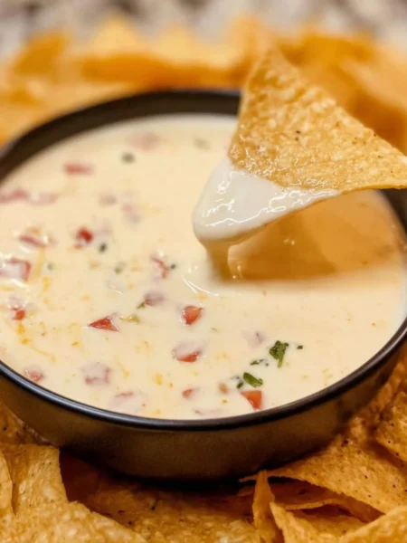 Delicious Mexican white cheese dip served with tortilla chips