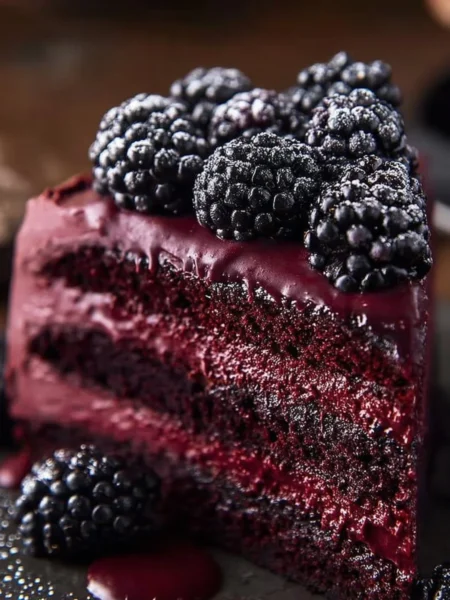 Blackberry Velvet Gothic Cake featuring rich, dark layers and blackberry frosting.
