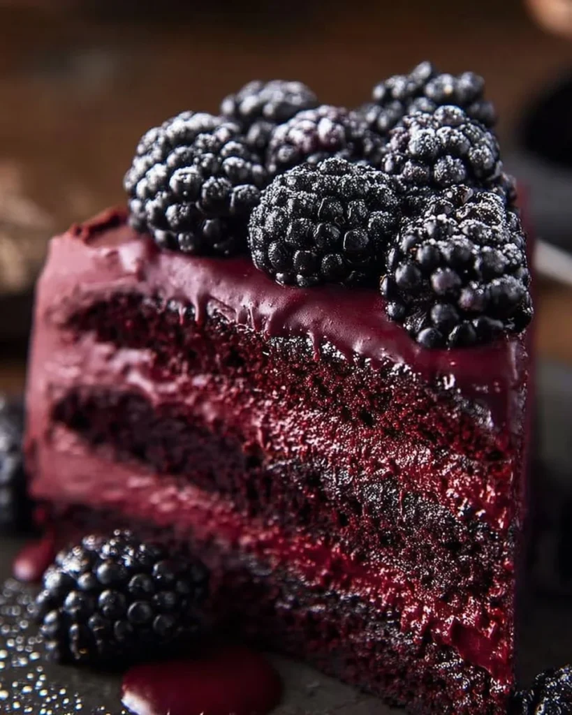 Blackberry Velvet Gothic Cake featuring rich, dark layers and blackberry frosting.