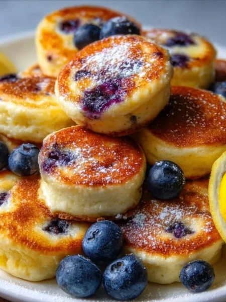 Blueberry lemon pancake bites served on a plate with fresh berries