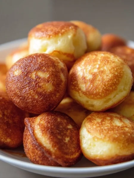Delicious homemade pancake poppers served on a plate for breakfast.