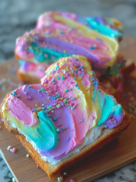 Vibrant unicorn toast topped with colorful spreads and fruits for breakfast