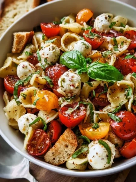 Bruschetta Pasta Salad with mini mozzarella balls and fresh tomatoes.