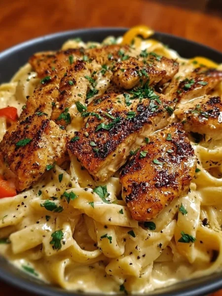 Delicious Cajun chicken pasta dish garnished with herbs and spices