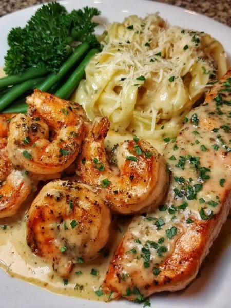 Cajun shrimp and salmon with garlic cream sauce served on a plate