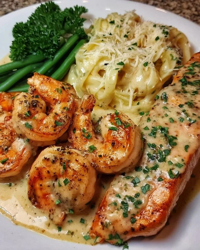 Cajun shrimp and salmon with garlic cream sauce served on a plate