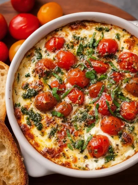 Delicious Caprese dip served with fresh tomatoes, mozzarella, and basil