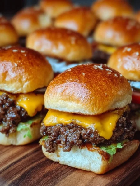 Delicious homemade cheeseburger sliders served on a wooden platter