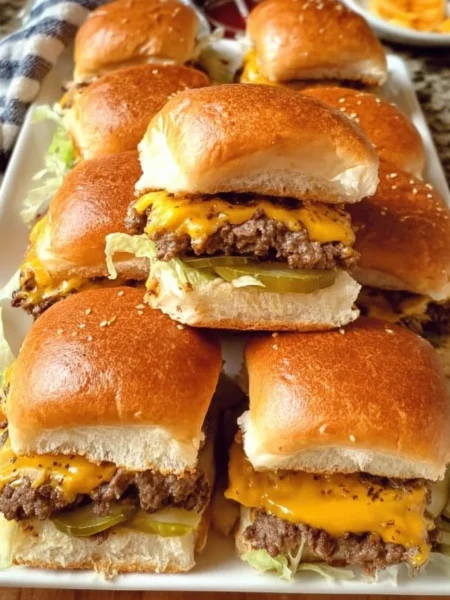 Plate of delicious cheeseburger sliders with toppings and condiments