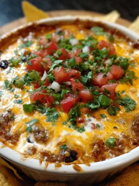 Creamy cheesy bean dip served in a bowl with tortilla chips on the side.