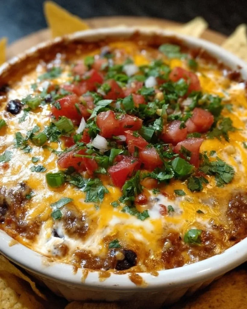 Creamy cheesy bean dip served in a bowl with tortilla chips on the side.