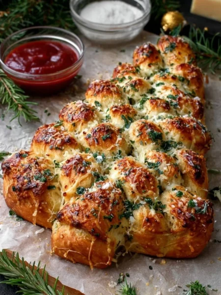 Cheesy Christmas Tree Bread shaped like a festive tree for holiday gatherings