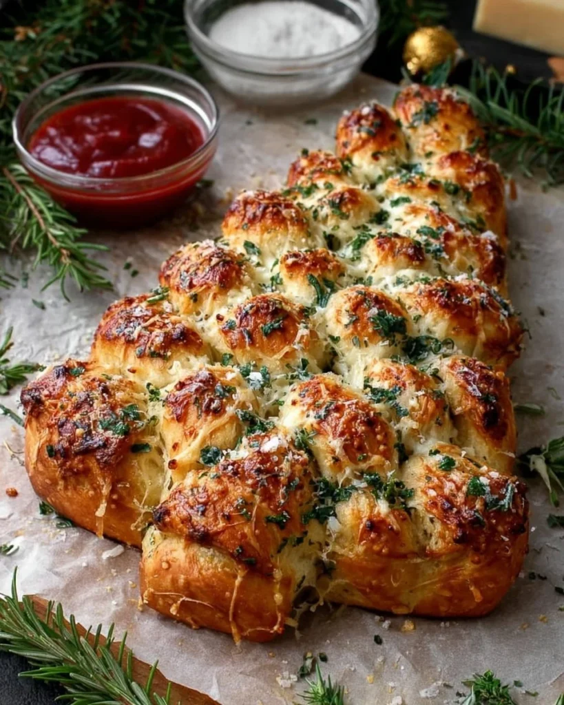 Cheesy Christmas Tree Bread shaped like a festive tree for holiday gatherings