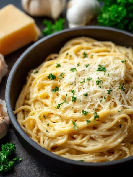 A bowl of cheesy garlic parmesan spaghetti topped with herbs.