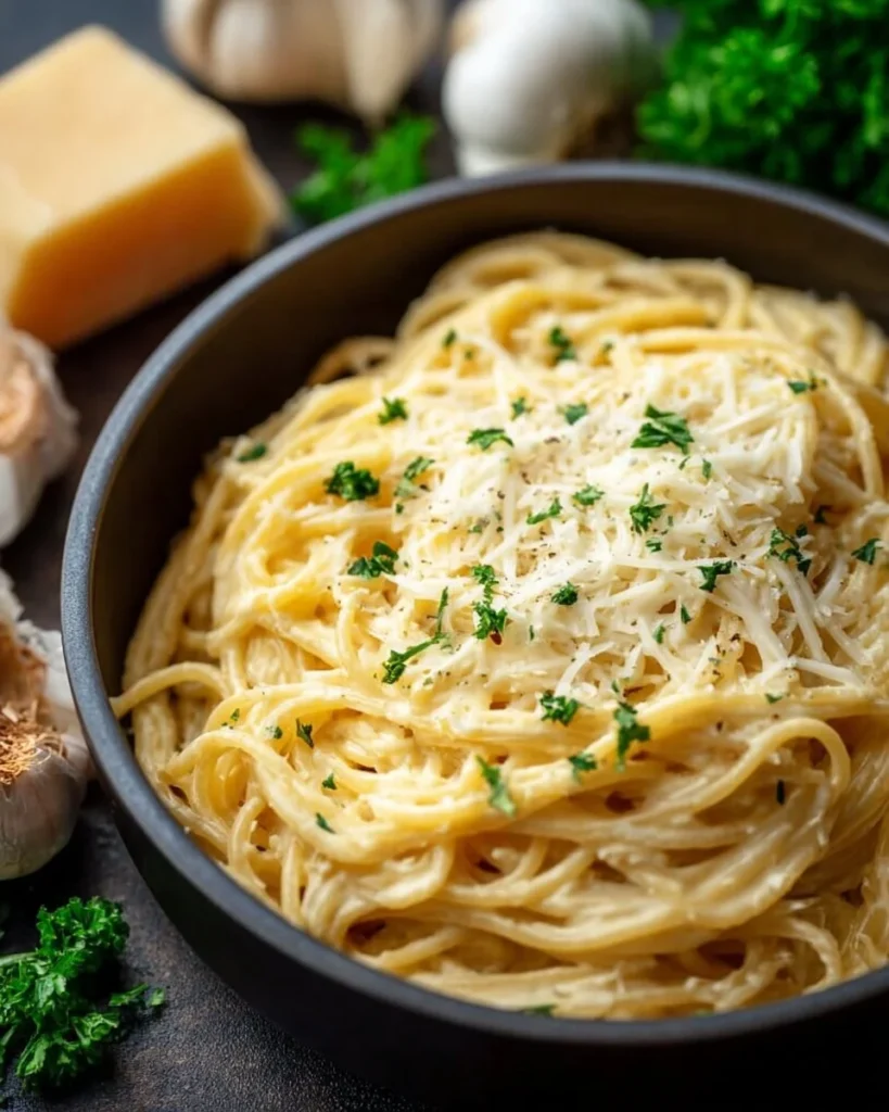 A bowl of cheesy garlic parmesan spaghetti topped with herbs.