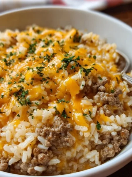 Cheesy ground beef and rice casserole in a baking dish, garnished with fresh herbs.