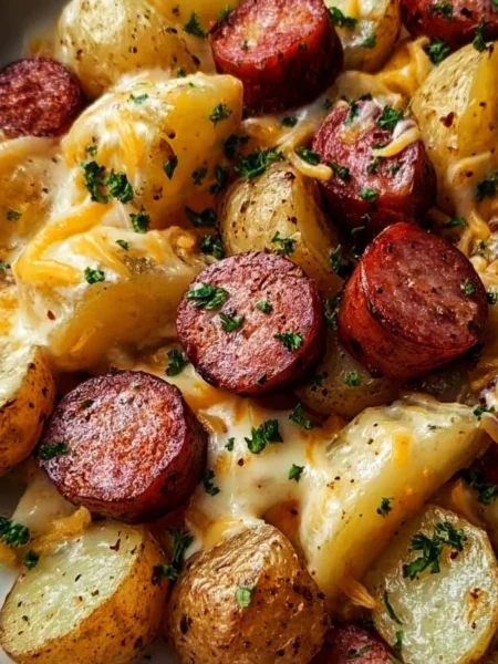 Delicious Cheesy Ranch Potatoes with Smoked Sausage on a plate