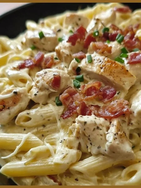 Delicious Chicken Bacon Ranch Pasta topped with crispy bacon and herbs