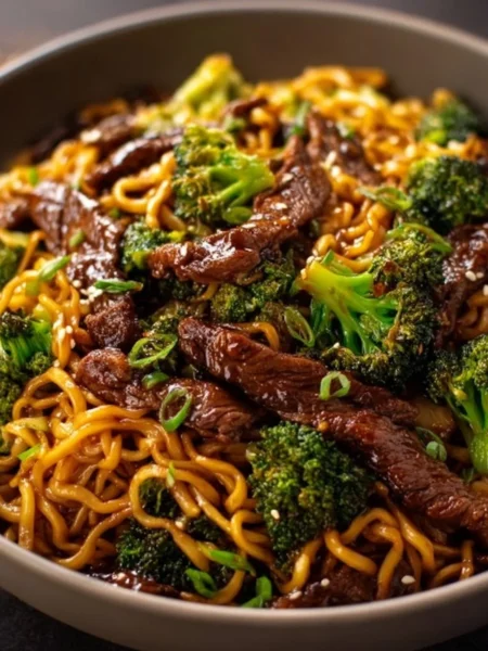 Chinese crispy beef served with broccoli noodles in a bowl