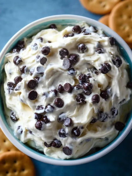 Chocolate Chip Cheesecake Dip served with graham crackers and chocolate chips