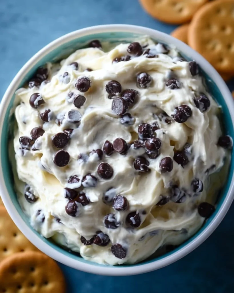 Chocolate Chip Cheesecake Dip served with graham crackers and chocolate chips