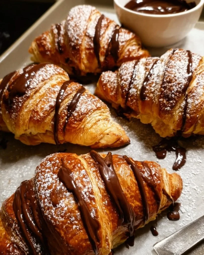 Freshly baked chocolate croissants with melted chocolate filling