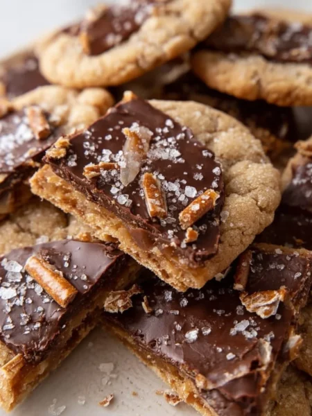 A plate of festive Christmas Crack Cookies with chocolate and nuts