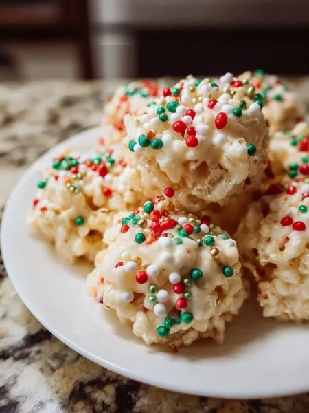 Festive Christmas Rice Crispy Treats on a holiday-themed platter