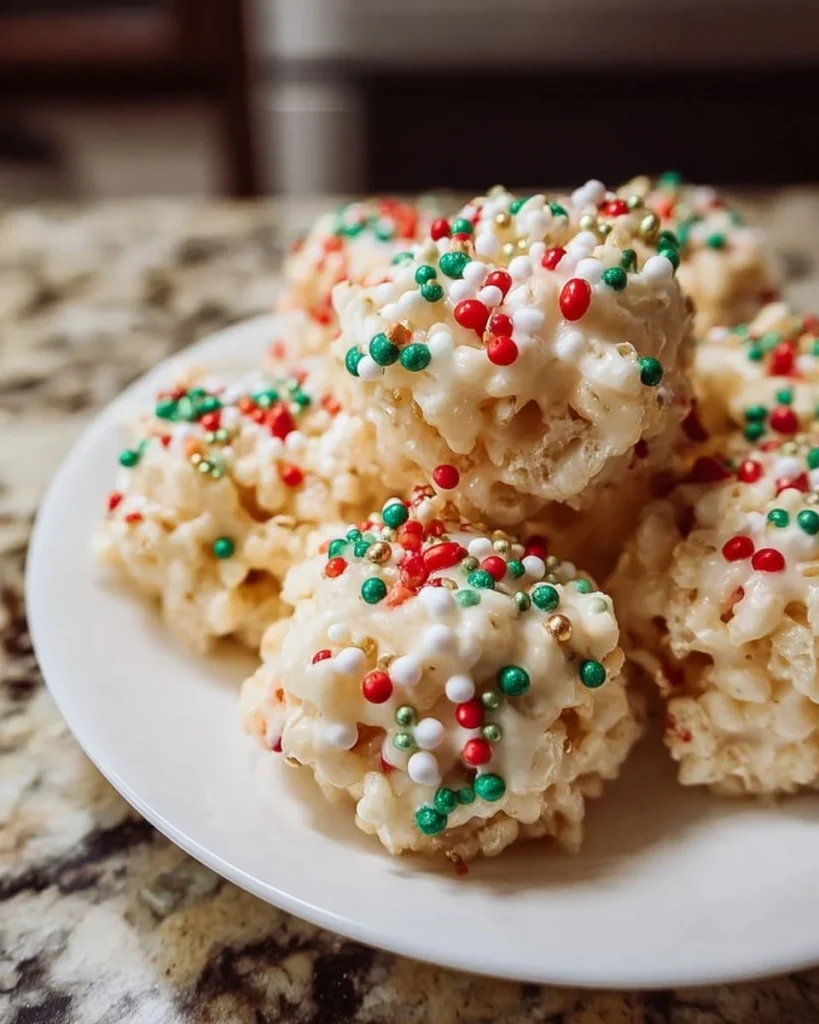 Festive Christmas Rice Crispy Treats on a holiday-themed platter