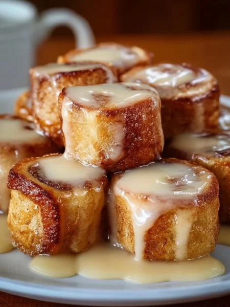 Cinnamon roll french toast bites served on a plate, drizzled with icing