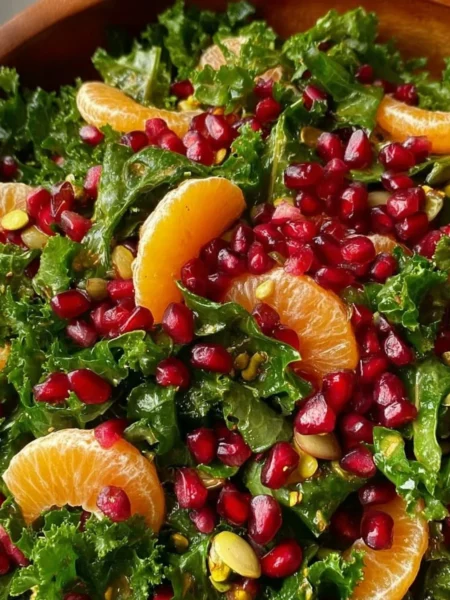 Citrus Pomegranate Kale Salad drizzled with Honey-Lemon Vinaigrette on a plate.