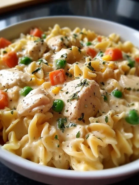 Delicious bowl of Classic Chicken Pot Pie Pasta with creamy sauce and vegetables