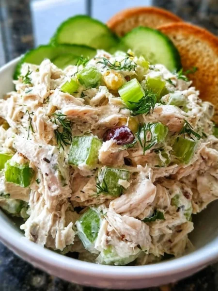 Delicious classic chicken salad served in a bowl with fresh ingredients