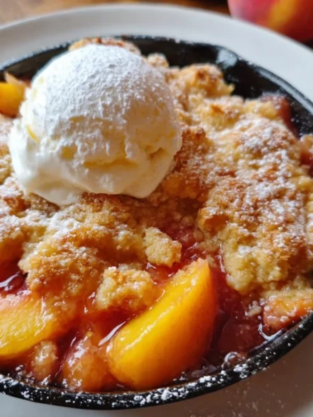 Classic Southern peach cobbler with golden crust and fresh peaches
