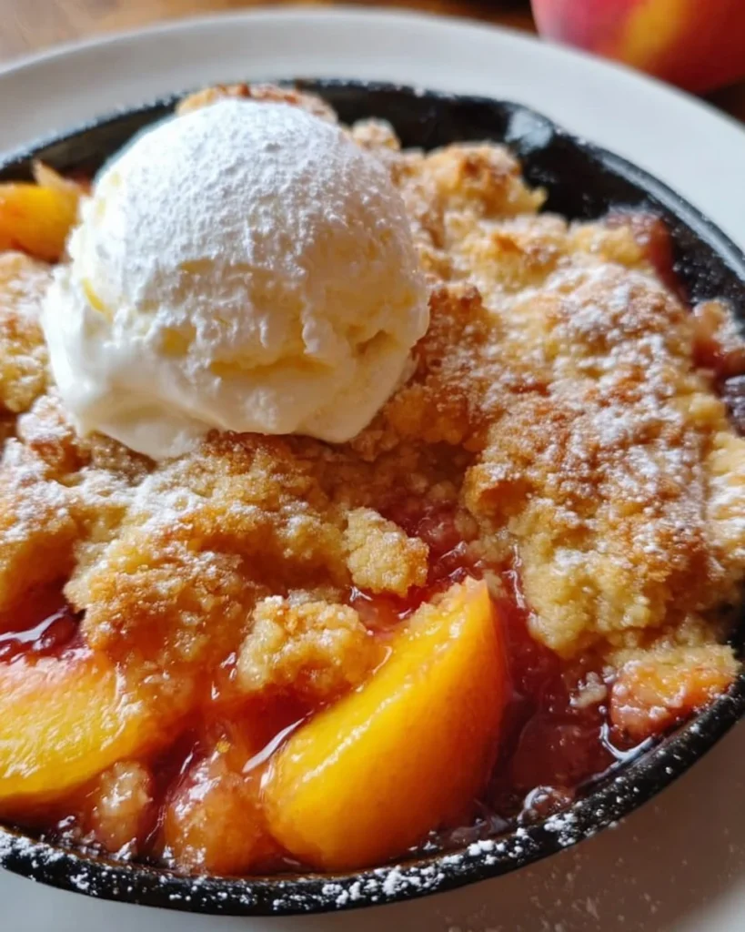 Classic Southern peach cobbler with golden crust and fresh peaches