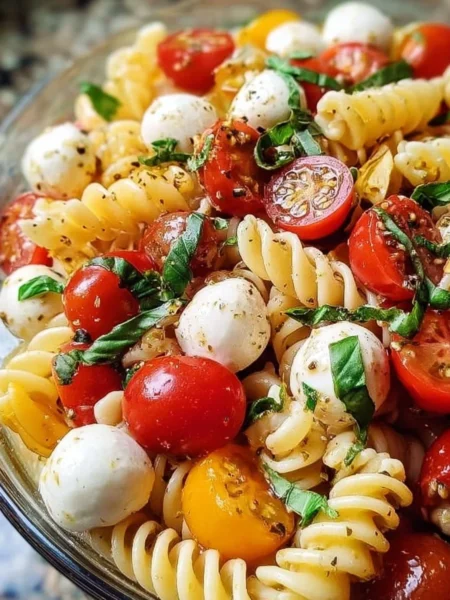 Colorful Caprese Pasta Salad with tomatoes, mozzarella, and basil in a bowl