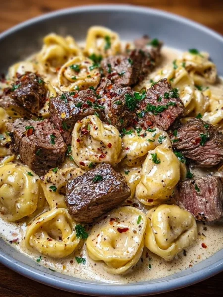 Creamy Garlic Steak Tortellini dish topped with cracked garlic and served elegantly.