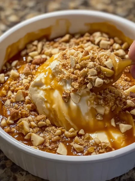 Cream cheese caramel apple dip served in a festive bowl for Thanksgiving.