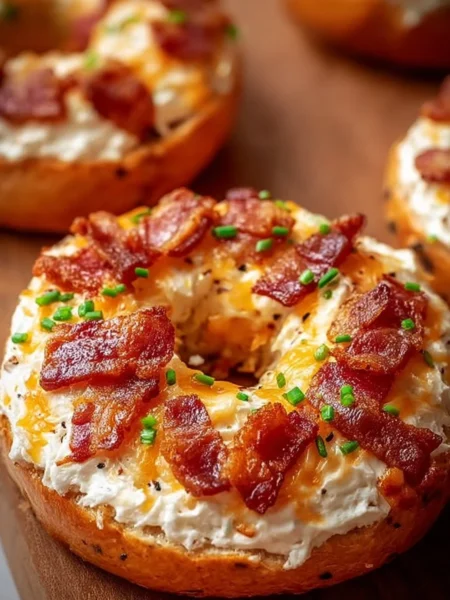 Delicious creamy Bacon Cheddar Bagels topped with crispy bacon and melted cheese.