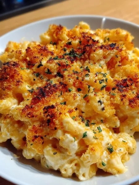 Creamy baked mac and cheese in a casserole dish, topped with golden breadcrumbs.