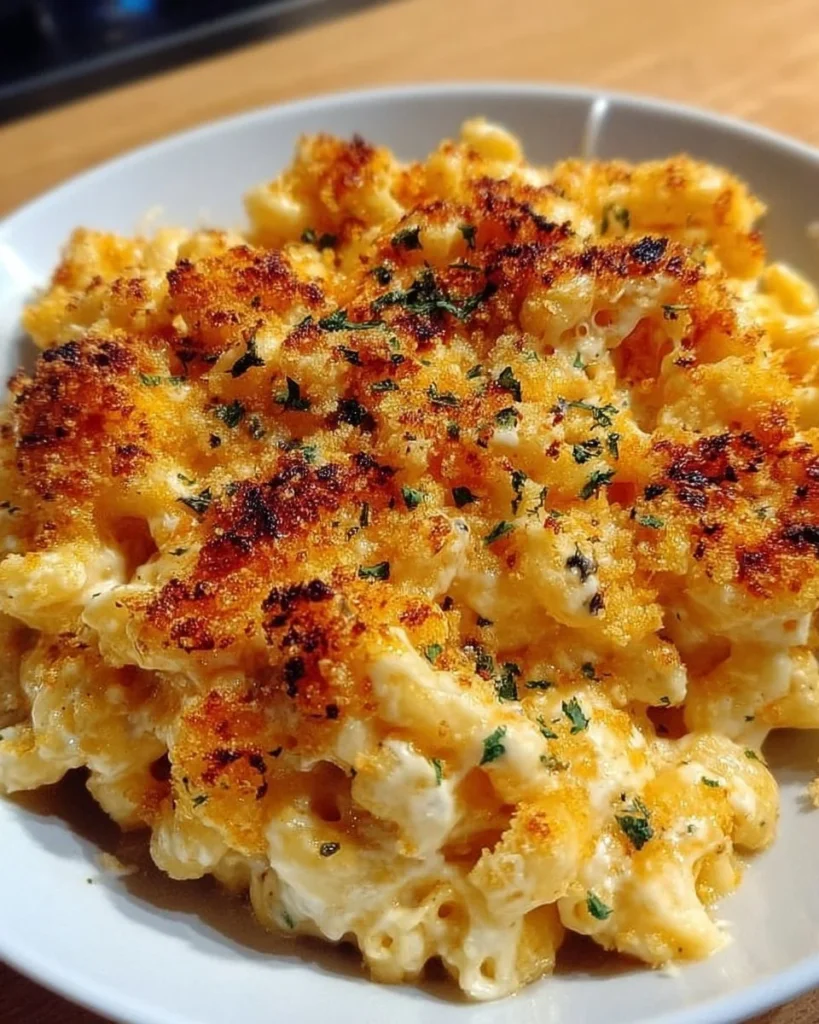 Creamy baked mac and cheese in a casserole dish, topped with golden breadcrumbs.
